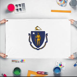 A mockup of the custom flag 'Massachusetts State Flag' held up on a table during print checking