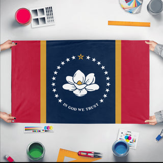 A mockup of the custom flag 'Mississippi State Flag' held up on a table during print checking