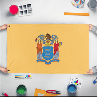 A mockup of the custom flag 'New Jersey State Flag' held up on a table during print checking
