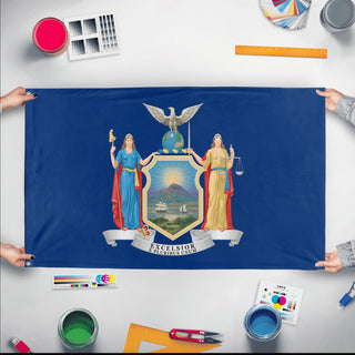 A mockup of the custom flag 'New York State Flag' held up on a table during print checking