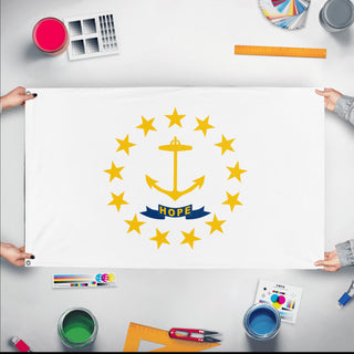 A mockup of the custom flag 'Rhode Island State Flag' held up on a table during print checking