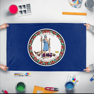 A mockup of the custom flag 'Virginia State Flag' held up on a table during print checking