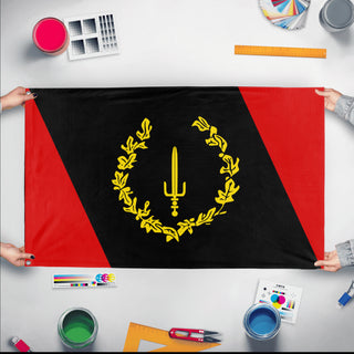 A mockup of the custom flag 'Black American Heritage Flag' held up on a table during print checking