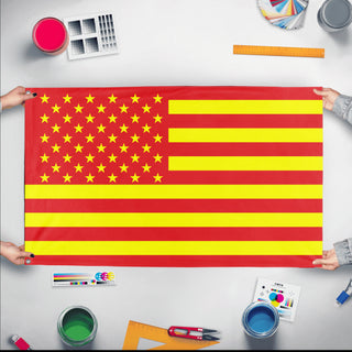 A mockup of the custom flag 'Asian American Heritage Flag' held up on a table during print checking