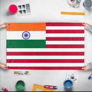 A mockup of the custom flag 'Indian American Heritage Flag' held up on a table during print checking