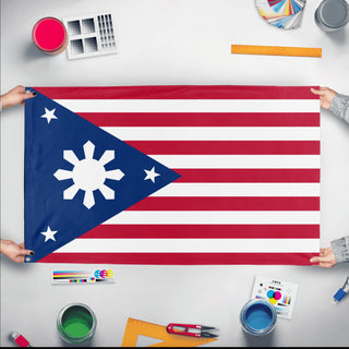 A mockup of the custom flag 'Filipino American Heritage Flag' held up on a table during print checking