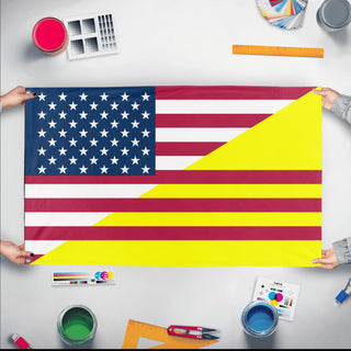 A mockup of the custom flag 'Vietnamese American Heritage Flag' held up on a table during print checking