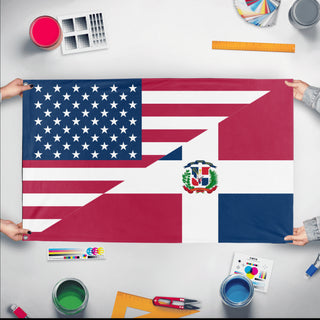 A mockup of the custom flag 'Dominican American Heritage Flag' held up on a table during print checking