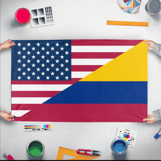 A mockup of the custom flag 'Colombian American Heritage Flag' held up on a table during print checking