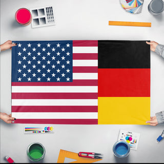 A mockup of the custom flag 'German American Heritage Flag' held up on a table during print checking