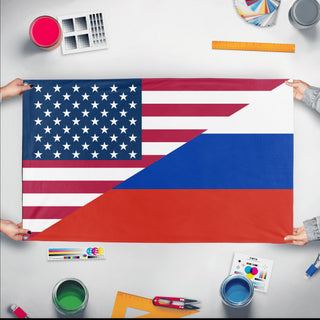 A mockup of the custom flag 'Russian American Heritage Flag' held up on a table during print checking