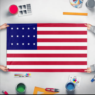 A mockup of the custom flag '15-Star Flag' held up on a table during print checking