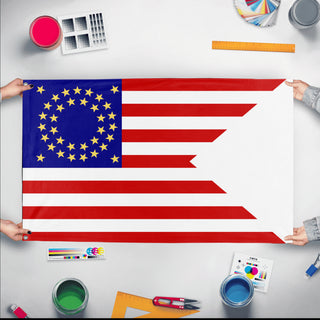 A mockup of the custom flag '35-Star Civil War Flag' held up on a table during print checking