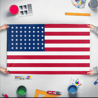 A mockup of the custom flag '48-Star Flag' held up on a table during print checking