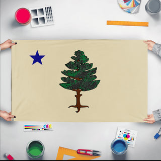 A mockup of the custom flag '1901 Maine Flag' held up on a table during print checking