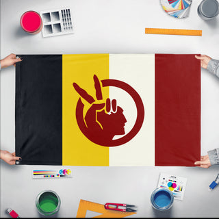 A mockup of the custom flag 'American Indian Movement Flag' held up on a table during print checking