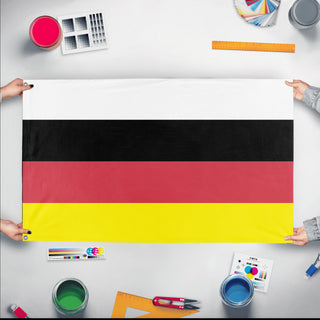 A mockup of the custom flag 'Miccosukee Tribe Flag' held up on a table during print checking