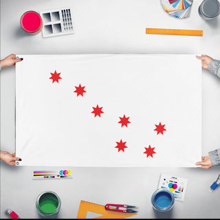 A mockup of the custom flag 'Cherokee Peace Flag' held up on a table during print checking