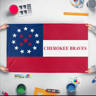 A mockup of the custom flag '1st Cherokee Mounted Rifles Flag' held up on a table during print checking