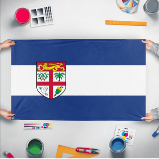 A mockup of the custom flag 'Kolpolia flag' held up on a table during print checking