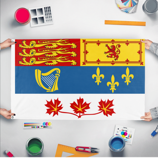 A mockup of the custom flag 'Canadian Royal Standard flag' held up on a table during print checking