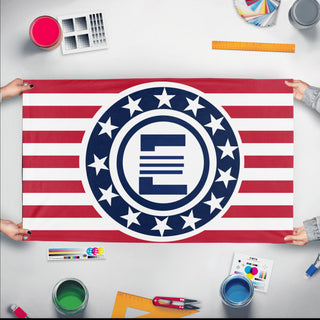 A mockup of the custom flag 'Enclave MacAurthur' held up on a table during print checking