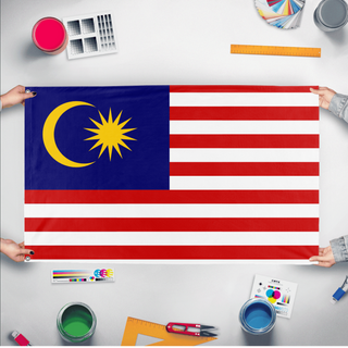 A mockup of the custom flag 'Malaysia flag' held up on a table during print checking