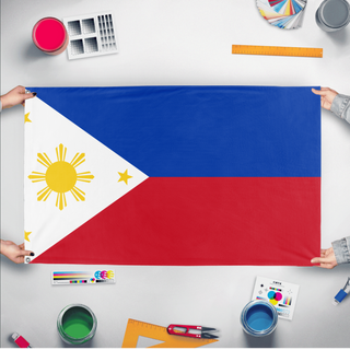 A mockup of the custom flag 'Philippine  flag' held up on a table during print checking