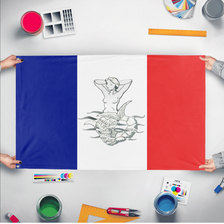 A mockup of the custom flag 'Belle Poule flag' held up on a table during print checking