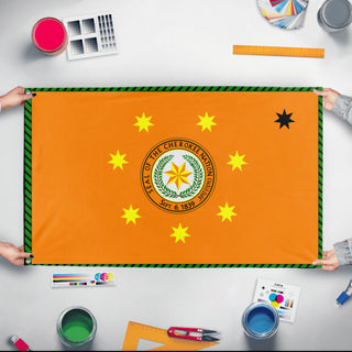 A mockup of the custom flag 'Cherokee Nation flag' held up on a table during print checking