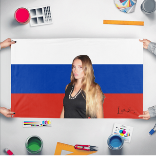A mockup of the custom flag 'Ava flag' held up on a table during print checking
