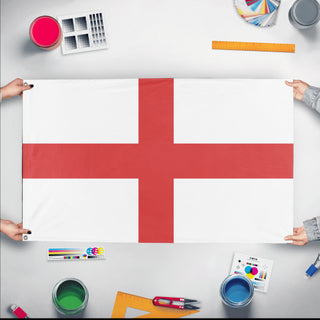 A mockup of the custom flag 'T1 flag' held up on a table during print checking