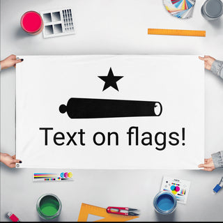 A mockup of the custom flag 'bob flag' held up on a table during print checking