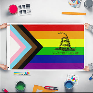 A mockup of the custom flag 'Gadsten Pride flag' held up on a table during print checking