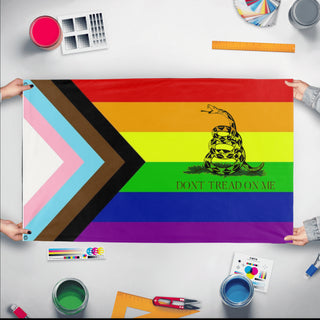 A mockup of the custom flag 'Gadsten Pride flag' held up on a table during print checking