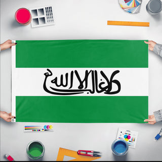 A mockup of the custom flag 'Andalusian flag' held up on a table during print checking