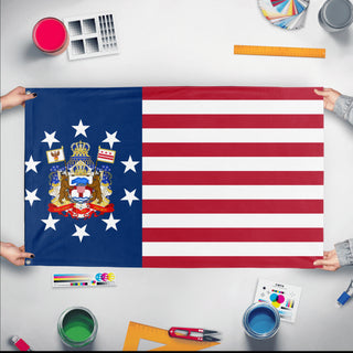A mockup of the custom flag 'Kingdom of America flag' held up on a table during print checking