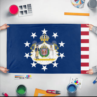A mockup of the custom flag 'Kingdom of America Navy flag' held up on a table during print checking