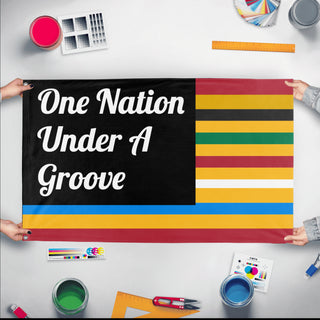 A mockup of the custom flag 'FUNKADELIC flag' held up on a table during print checking