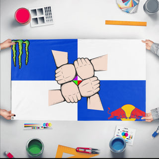 A mockup of the custom flag 'friend gc flag' held up on a table during print checking