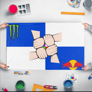 A mockup of the custom flag 'Friend gc Flag' held up on a table during print checking