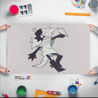 A mockup of the custom flag 'FPE ZIP flag' held up on a table during print checking