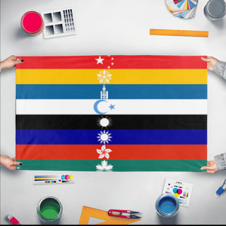 A mockup of the custom flag 'Peacefully Unified China  flag' held up on a table during print checking