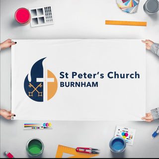 A mockup of the custom flag 'St Peters 2025  flag' held up on a table during print checking
