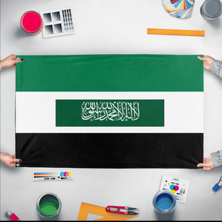 A mockup of the custom flag 'afgh flag' held up on a table during print checking