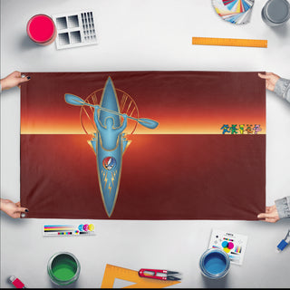 A mockup of the custom flag 'Kayak Flag 1 3 flag' held up on a table during print checking