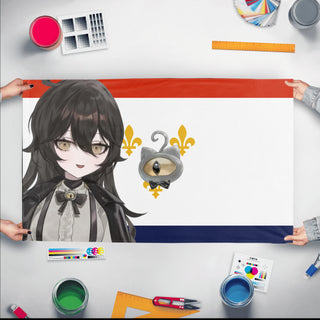 A mockup of the custom flag 'normal New Orleans flag' held up on a table during print checking