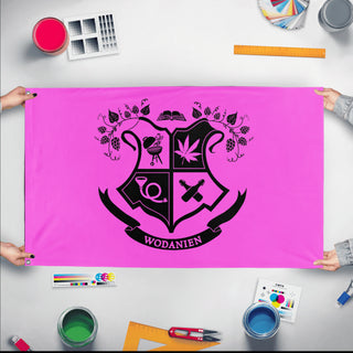 A mockup of the custom flag 'Wodanien flag' held up on a table during print checking