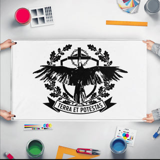 A mockup of the custom flag 'TERRA ET POTESTAS  flag' held up on a table during print checking