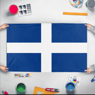 A mockup of the custom flag 'Calleton Union flag' held up on a table during print checking